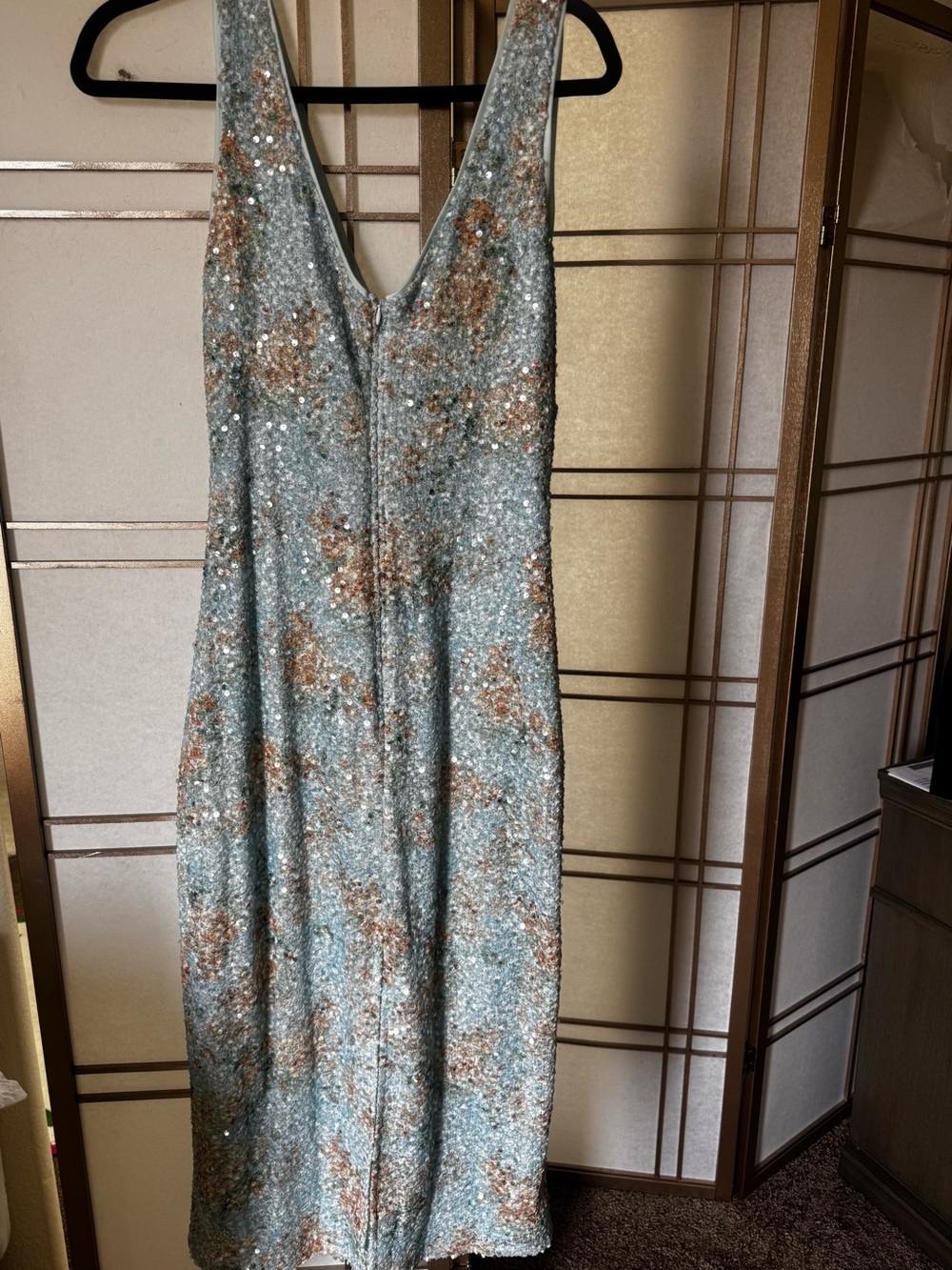 LULU’s Sequin Embellished V-Neck Maxi Dress in Light Blue and Rose Gold
